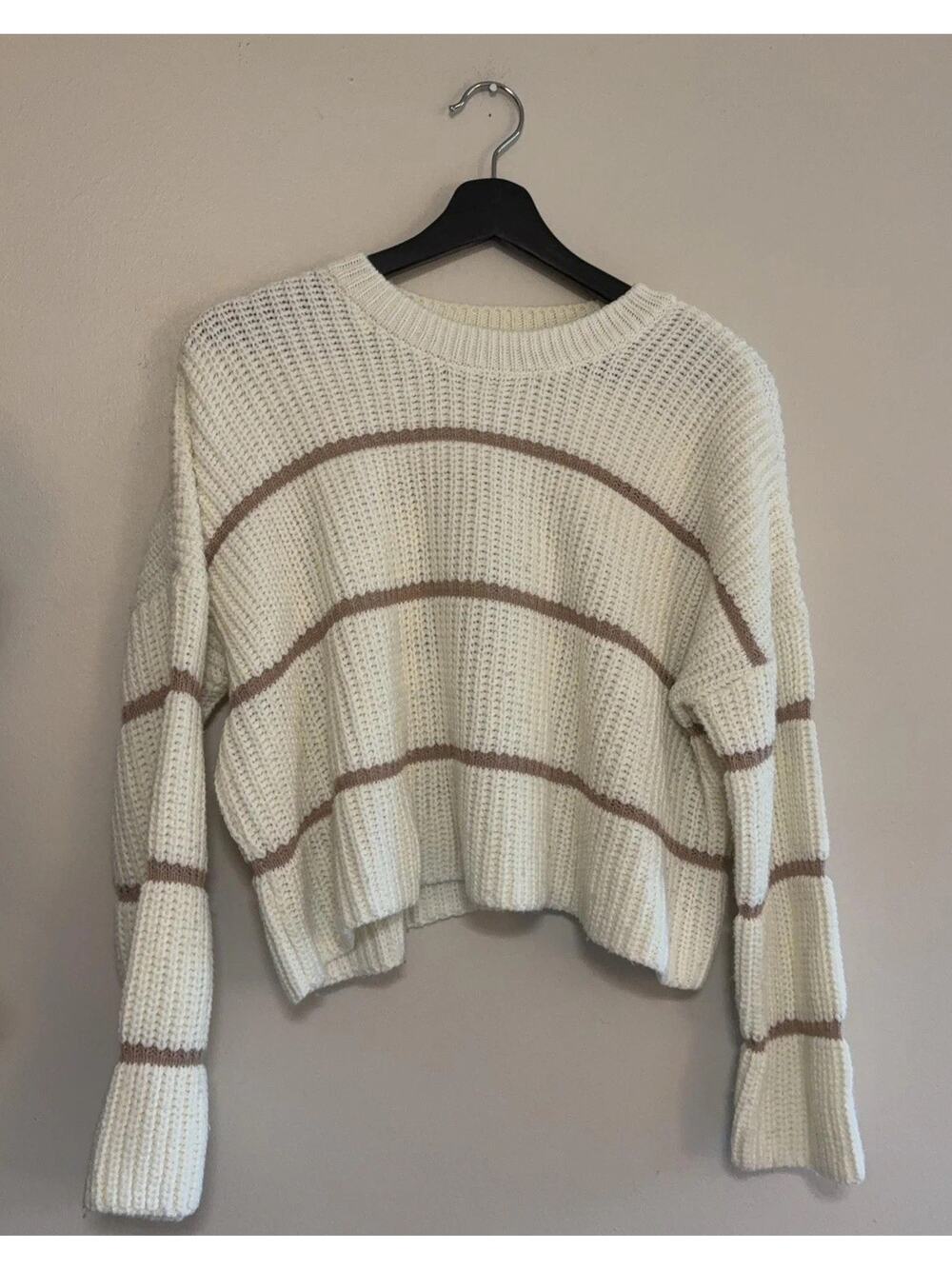Noon & Madison Sweater Womens Small White Stripe Chunky Knit Pullover Crew Neck